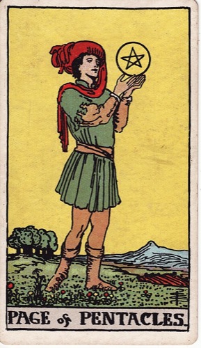Карта Таро «Паж Пентаклей» (Page of Pentacles), колода Райдера–Уэйта