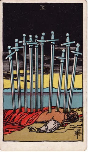 Карта Таро «Десятка Мечей» (Ten of Swords), колода Райдера–Уэйта