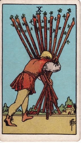 Карта Таро «Десятка Жезлов» (Ten of Wands), колода Райдера–Уэйта